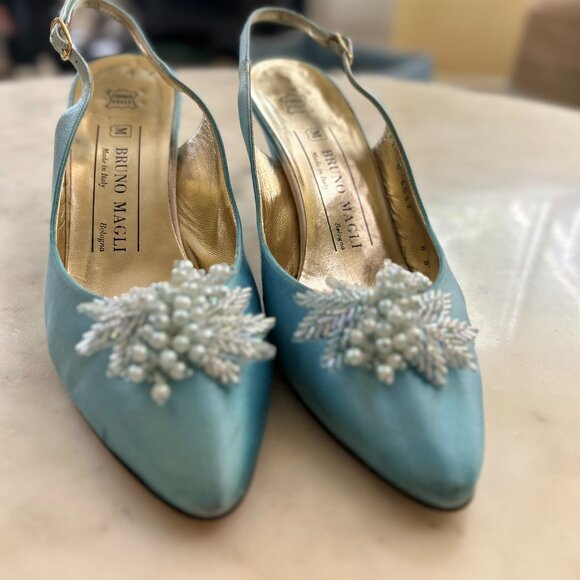 Bruno Magli Light Blue Satin Slingback Heel | Beaded Embellished Pointed Toe 8 B - Picture 2 of 12